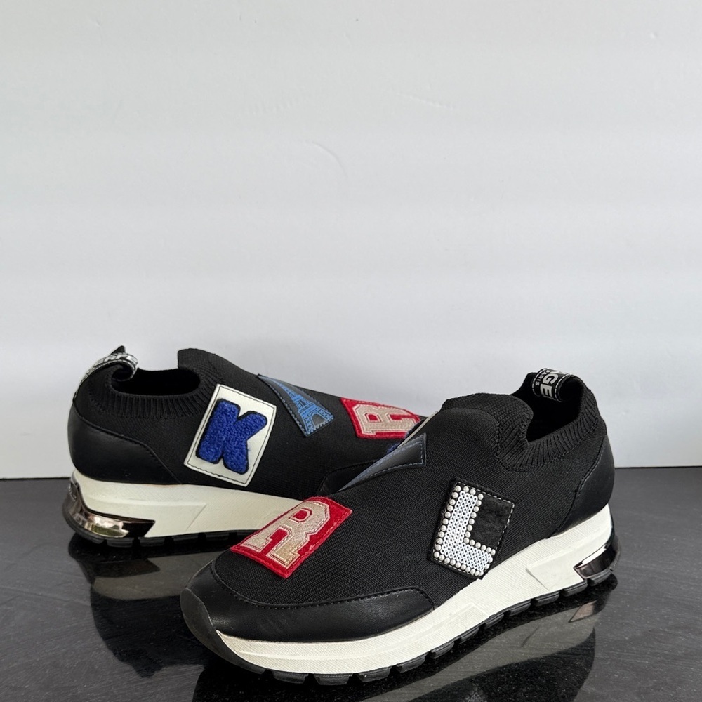 Karl Lagerfeld Black Slip-On Sneakers with Multicolor Patches